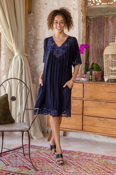Primary image for Rayon Dress with Floral and Medallion Embroidered Details Midnight Blue Medallion