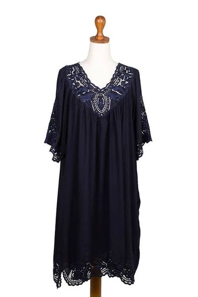 Alternate image for Rayon Dress with Floral and Medallion Embroidered Details Midnight Blue Medallion