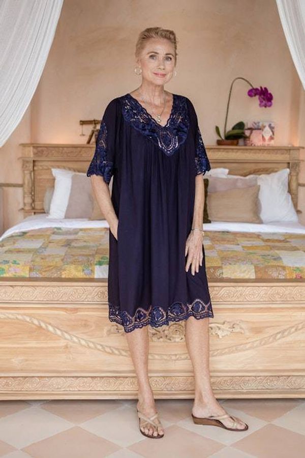 Alternate image for Rayon Dress with Floral and Medallion Embroidered Details Midnight Blue Medallion