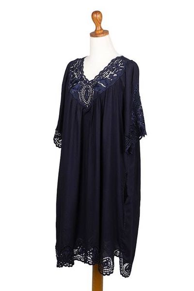 Alternate image for Rayon Dress with Floral and Medallion Embroidered Details Midnight Blue Medallion