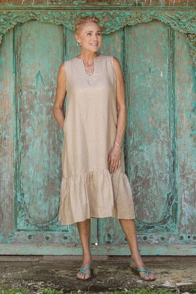 Alternate image for Handmade Taupe Linen Sleeveless Ruffle Sundress from Bali Breeze Wave