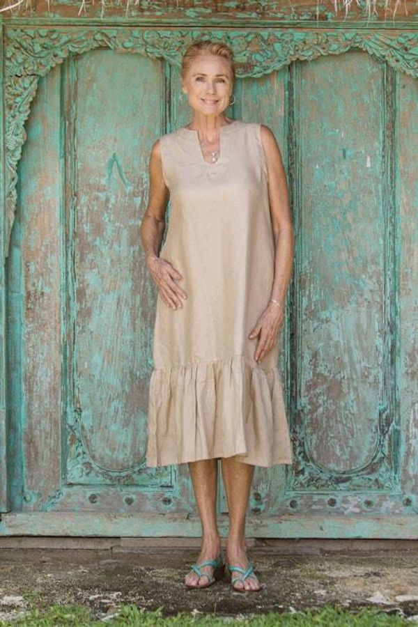 Alternate image for Handmade Taupe Linen Sleeveless Ruffle Sundress from Bali Breeze Wave