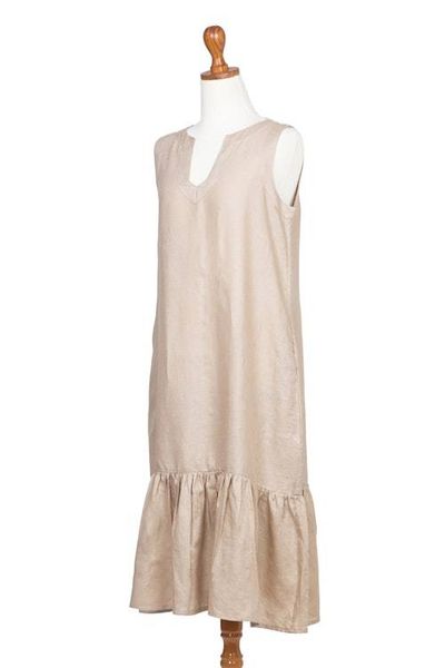 Alternate image for Handmade Taupe Linen Sleeveless Ruffle Sundress from Bali Breeze Wave