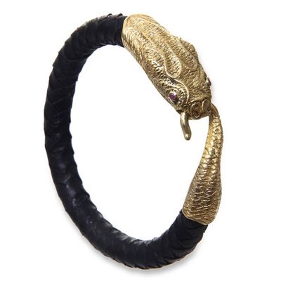 Alternate image for Mens Handcrafted Black Leather and Brass Snake Bracelet Golden Baru Klinting