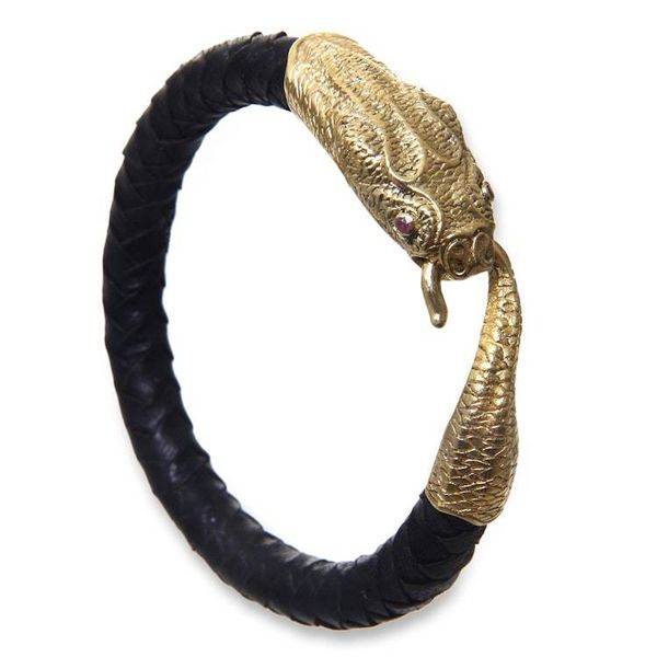 Alternate image for Mens Handcrafted Black Leather and Brass Snake Bracelet Golden Baru Klinting