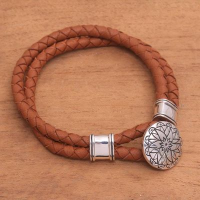 Alternate image for Leather Accent Sterling Silver Bracelet with Lotus Pendant Lotus