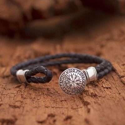 Primary image for Mens Sterling Silver and Leather Bracelet from Bali Runic Compass