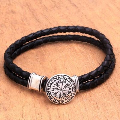 Alternate image for Mens Sterling Silver and Leather Bracelet from Bali Runic Compass