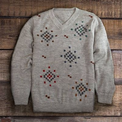 Alternate image for 100 Alpaca Hand-Embroidered Mens Pullover Sweater in Grey Little Stitches in Grey