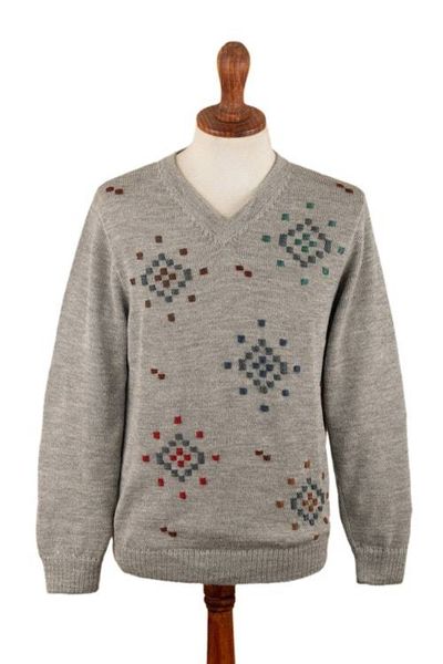 Alternate image for 100 Alpaca Hand-Embroidered Mens Pullover Sweater in Grey Little Stitches in Grey