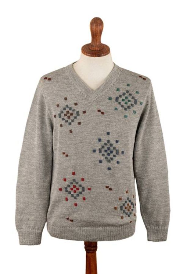 Alternate image for 100 Alpaca Hand-Embroidered Mens Pullover Sweater in Grey Little Stitches in Grey