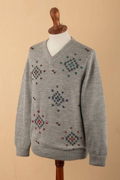 Alternate image for 100 Alpaca Hand-Embroidered Mens Pullover Sweater in Grey Little Stitches in Grey