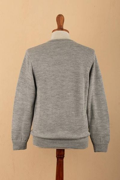 Alternate image for 100 Alpaca Hand-Embroidered Mens Pullover Sweater in Grey Little Stitches in Grey