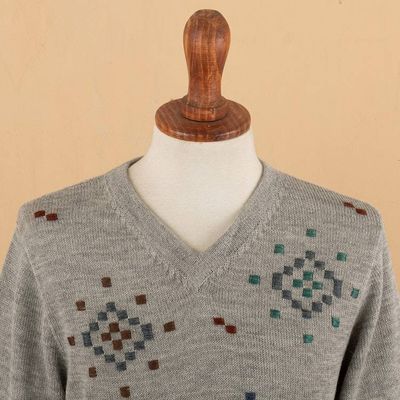Alternate image for 100 Alpaca Hand-Embroidered Mens Pullover Sweater in Grey Little Stitches in Grey