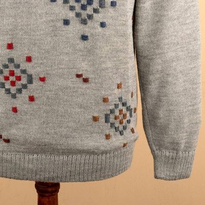 Alternate image for 100 Alpaca Hand-Embroidered Mens Pullover Sweater in Grey Little Stitches in Grey