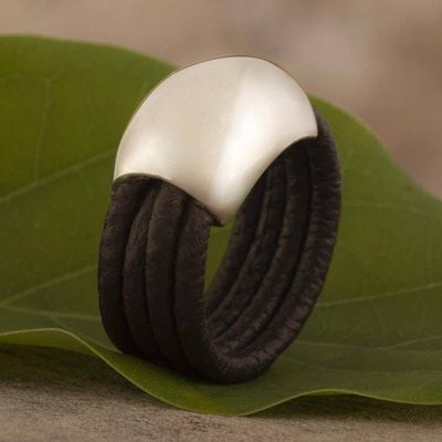 Alternate image for Leather Silver Designer Ring Dark Brown Moon