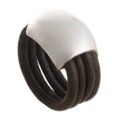 Alternate image for Leather Silver Designer Ring Dark Brown Moon