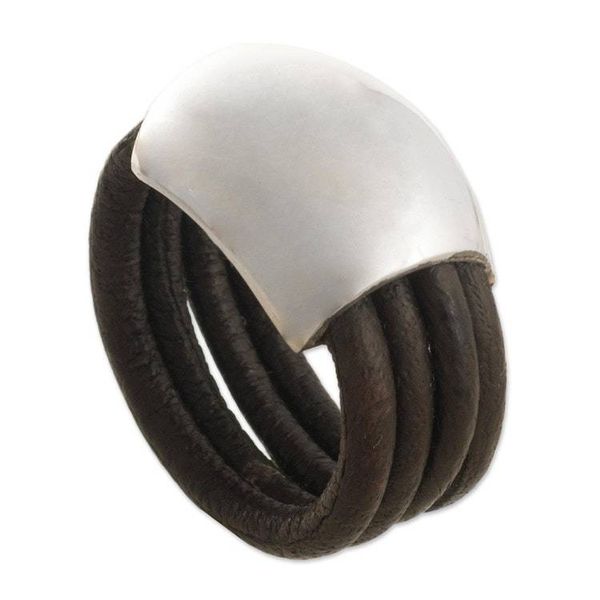 Alternate image for Leather Silver Designer Ring Dark Brown Moon