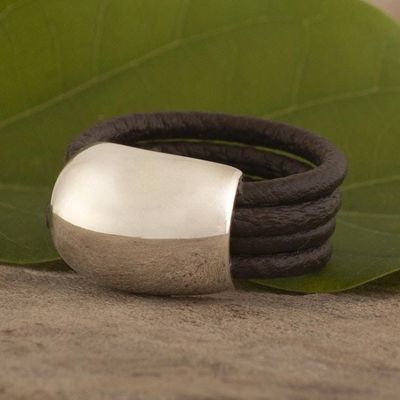 Alternate image for Leather Silver Designer Ring Dark Brown Moon
