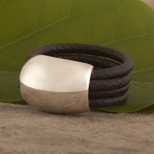Alternate image for Leather Silver Designer Ring Dark Brown Moon