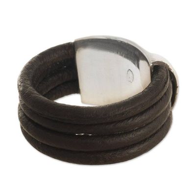 Alternate image for Leather Silver Designer Ring Dark Brown Moon