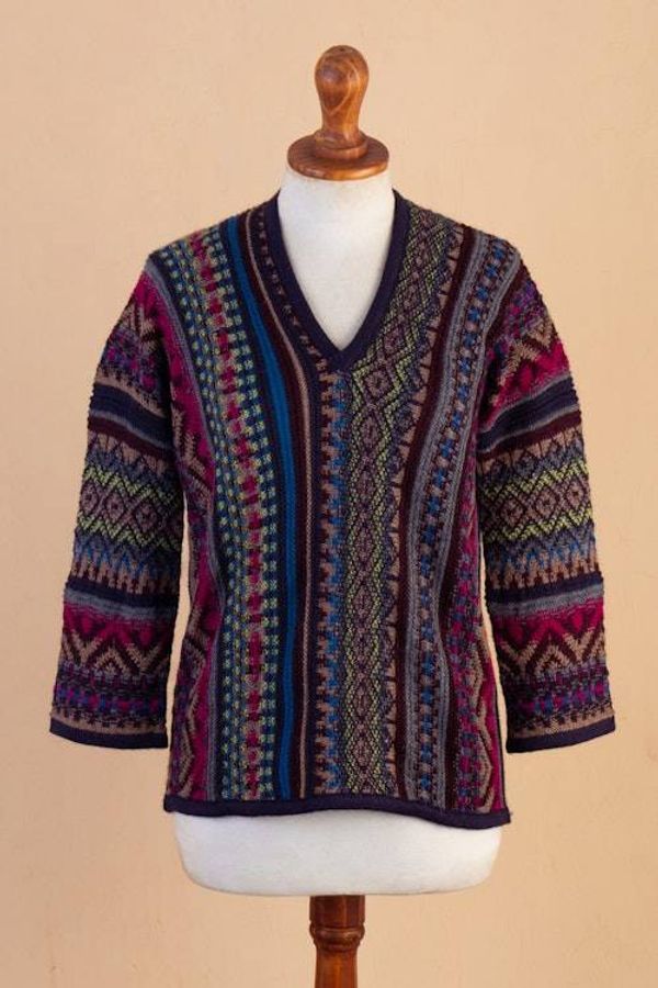 Alternate image for Alpaca Blend Sweater with V-Neck and Kimono-Style Sleeves Andean Threads