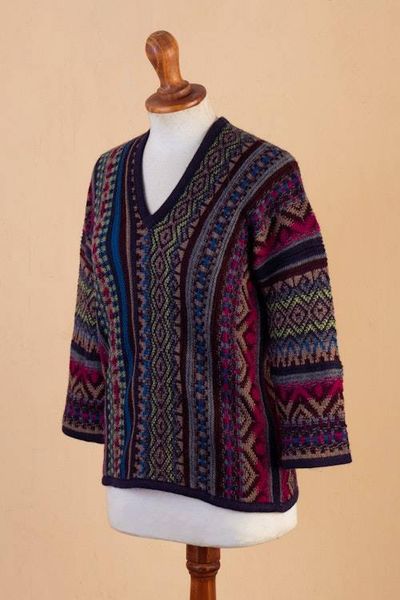 Alternate image for Alpaca Blend Sweater with V-Neck and Kimono-Style Sleeves Andean Threads