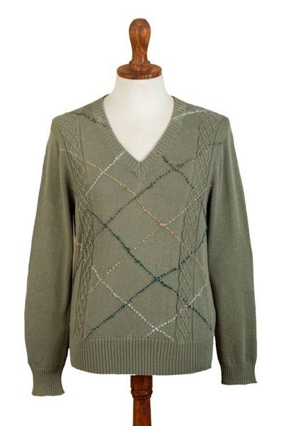 Alternate image for Mens Andean Cotton Blend Pullover Sweater in Green Comfort in Sage