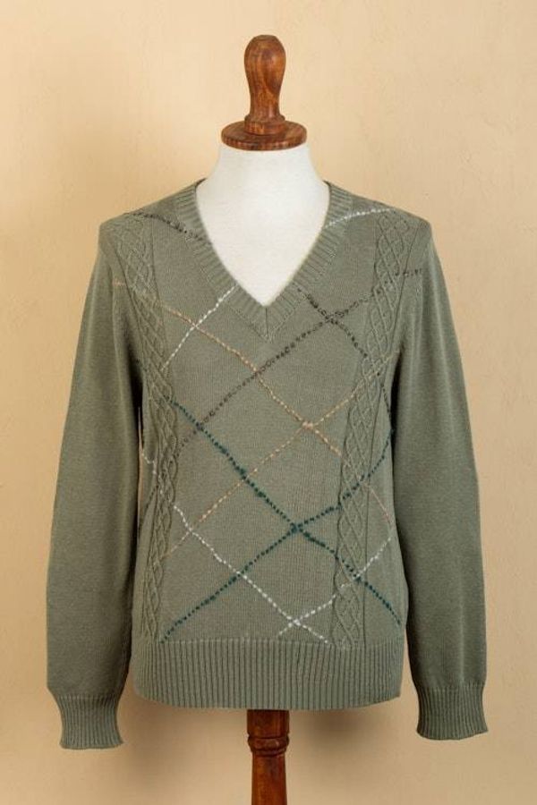 Alternate image for Mens Andean Cotton Blend Pullover Sweater in Green Comfort in Sage