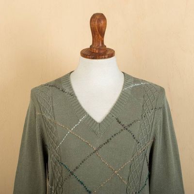 Alternate image for Mens Andean Cotton Blend Pullover Sweater in Green Comfort in Sage