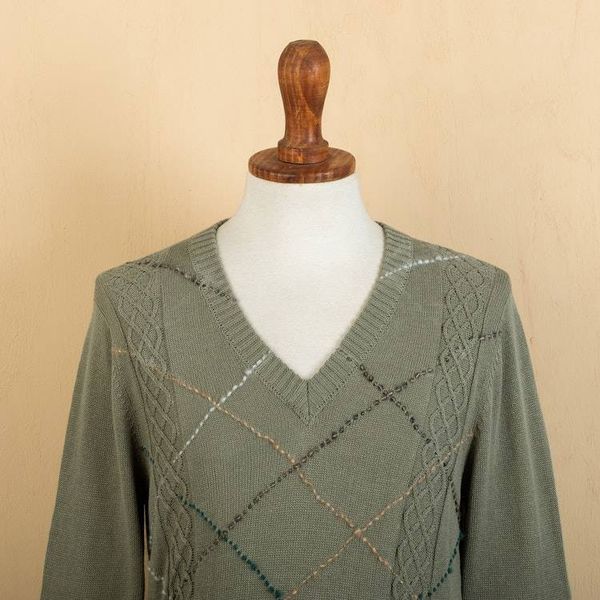 Alternate image for Mens Andean Cotton Blend Pullover Sweater in Green Comfort in Sage