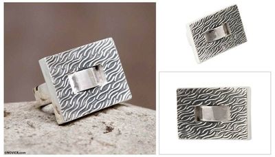 Alternate image for Square Textured Silver Handmade Ring Modern River