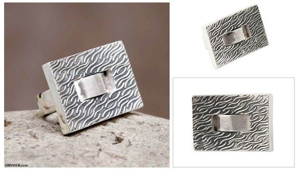 Alternate image for Square Textured Silver Handmade Ring Modern River