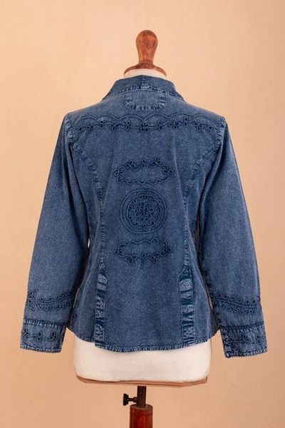 Alternate image for Cotton Jacket with Floral Embroidery in Midnight Blue Shade Andean Fields in Blue