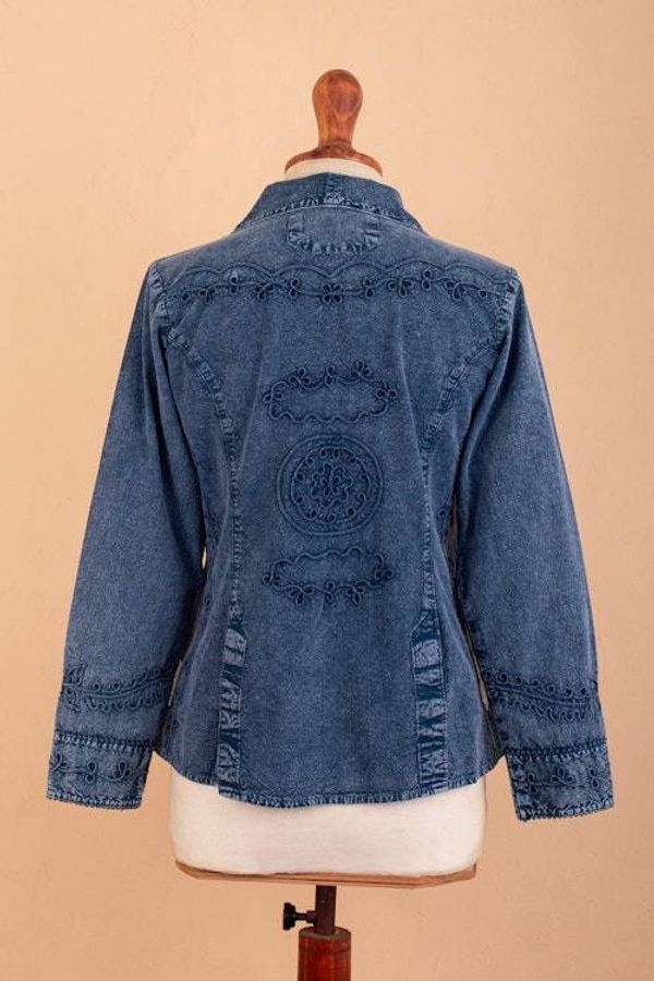Alternate image for Cotton Jacket with Floral Embroidery in Midnight Blue Shade Andean Fields in Blue