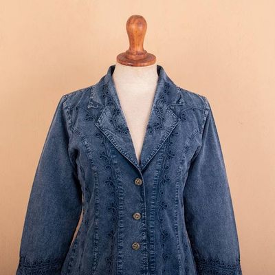 Alternate image for Cotton Jacket with Floral Embroidery in Midnight Blue Shade Andean Fields in Blue