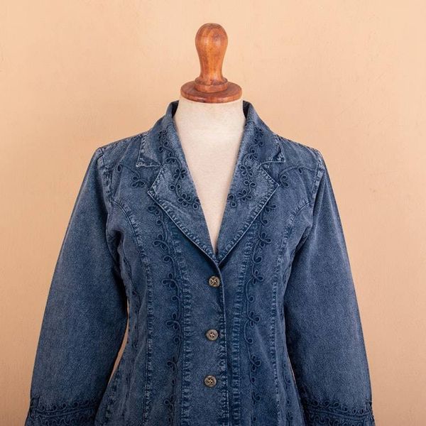 Alternate image for Cotton Jacket with Floral Embroidery in Midnight Blue Shade Andean Fields in Blue