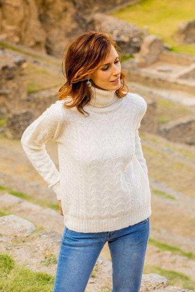 Alternate image for Cable Knit Turtle Neck Baby Alpaca Blend Pullover from Peru Warm Sweetness