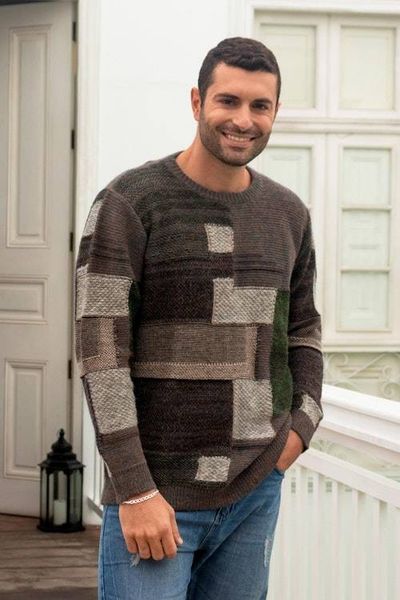 Alternate image for Mens Olive Green and Brown Alpaca Pullover Sweater Peruvian Patches