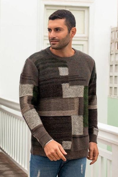 Alternate image for Mens Olive Green and Brown Alpaca Pullover Sweater Peruvian Patches