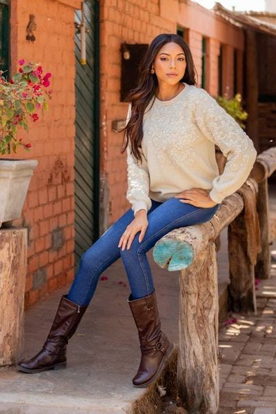Alternate image for Hand Embroidered Ivory Baby Alpaca Pullover Sweater Elegant Blossoms