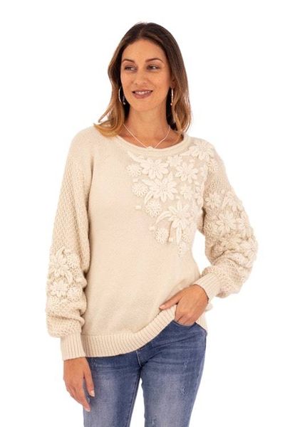 Alternate image for Hand Embroidered Ivory Baby Alpaca Pullover Sweater Elegant Blossoms