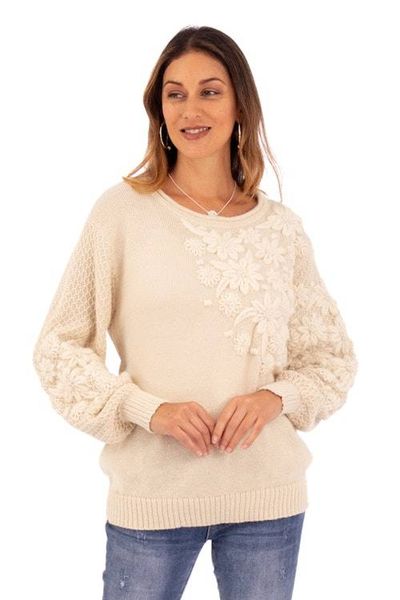 Alternate image for Hand Embroidered Ivory Baby Alpaca Pullover Sweater Elegant Blossoms