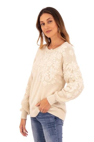 Alternate image for Hand Embroidered Ivory Baby Alpaca Pullover Sweater Elegant Blossoms
