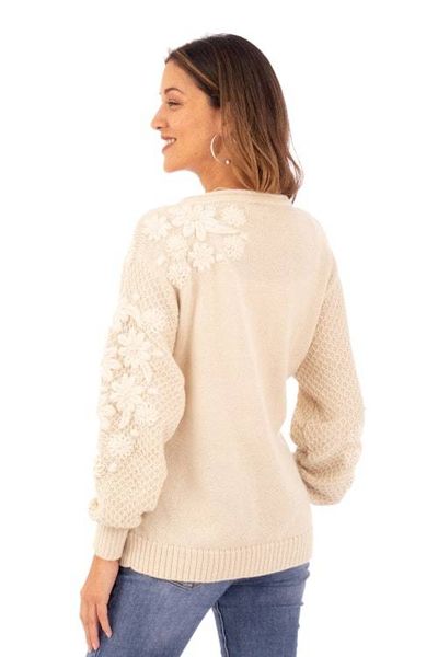 Alternate image for Hand Embroidered Ivory Baby Alpaca Pullover Sweater Elegant Blossoms