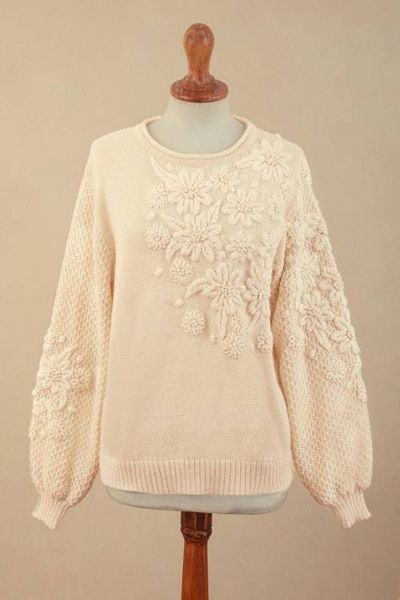 Alternate image for Hand Embroidered Ivory Baby Alpaca Pullover Sweater Elegant Blossoms
