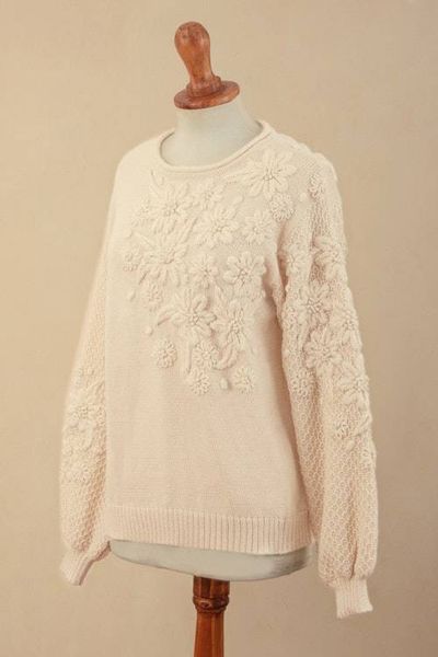 Alternate image for Hand Embroidered Ivory Baby Alpaca Pullover Sweater Elegant Blossoms