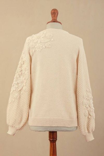 Alternate image for Hand Embroidered Ivory Baby Alpaca Pullover Sweater Elegant Blossoms