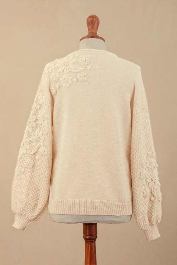 Alternate image for Hand Embroidered Ivory Baby Alpaca Pullover Sweater Elegant Blossoms