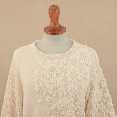 Alternate image for Hand Embroidered Ivory Baby Alpaca Pullover Sweater Elegant Blossoms